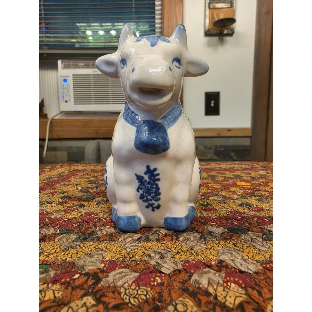 Vintage Blue and White Ceramic Cow Creamer Delft Style Farmhouse Pitcher 5 Inch